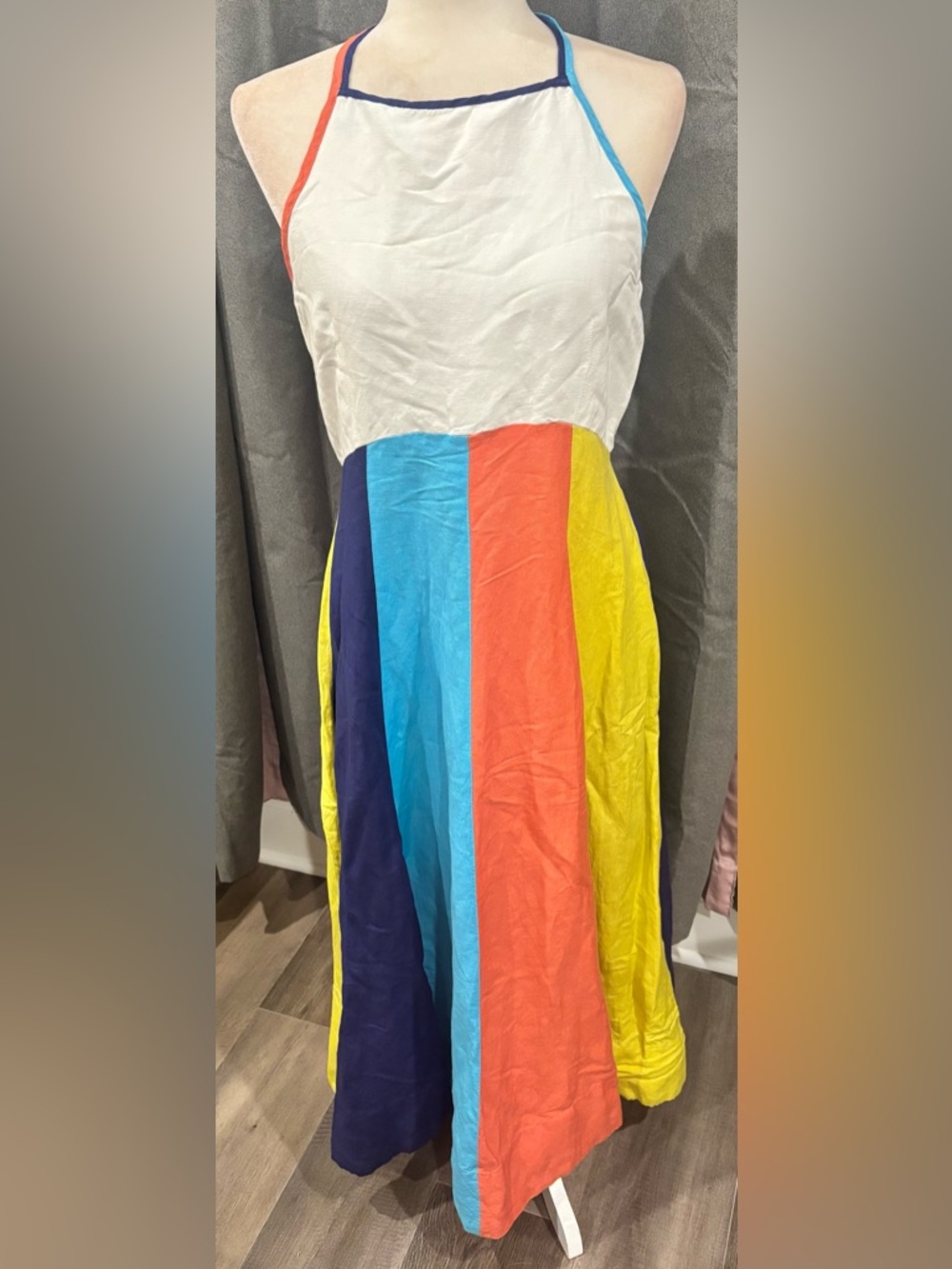 By Anthropologie Multicolor Stripe Halter Midi Dress White Blue Medium Linen